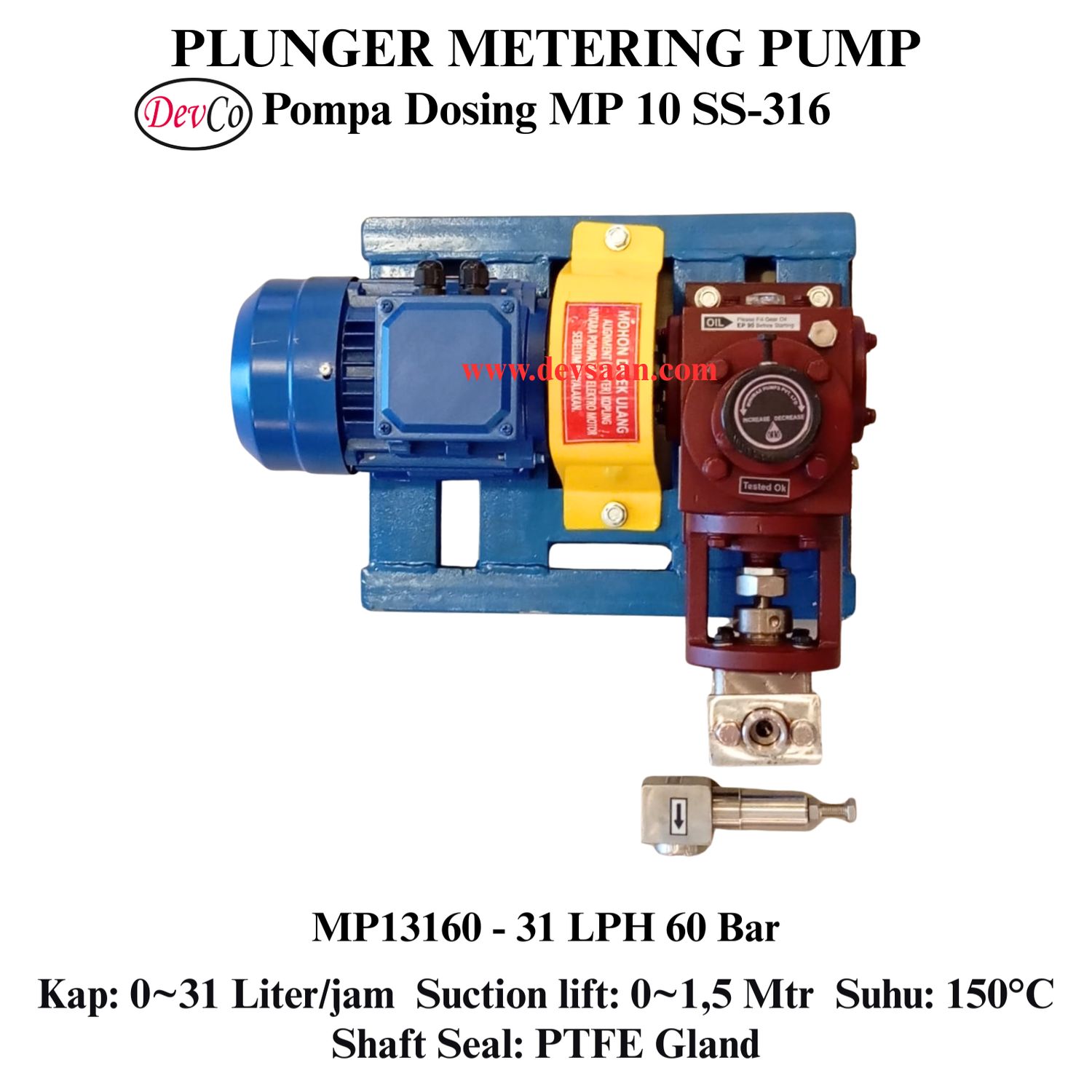 Pompa Dosing MP13160 SS-316 Plunger Metering Pump 31 LPH 60 Bar (Complete Set) 4pole