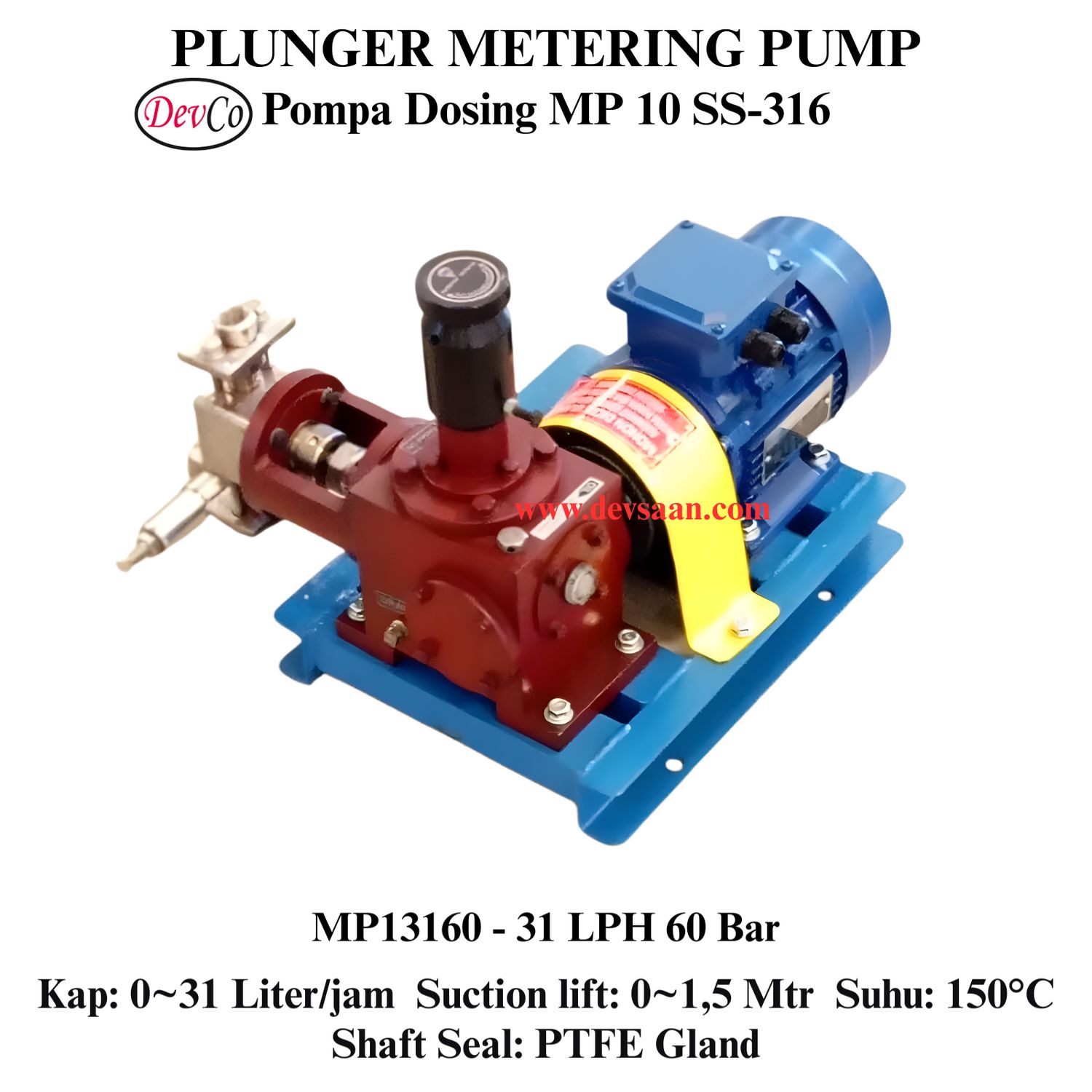 Pompa Dosing MP13160 SS-316 Plunger Metering Pump 31 LPH 60 Bar (Complete Set) 4pole