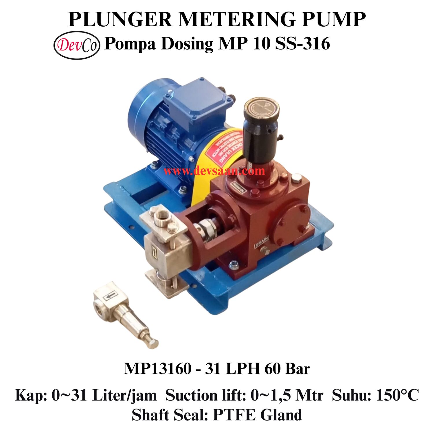 Pompa Dosing MP13160 SS-316 Plunger Metering Pump 31 LPH 60 Bar (Complete Set) 4pole