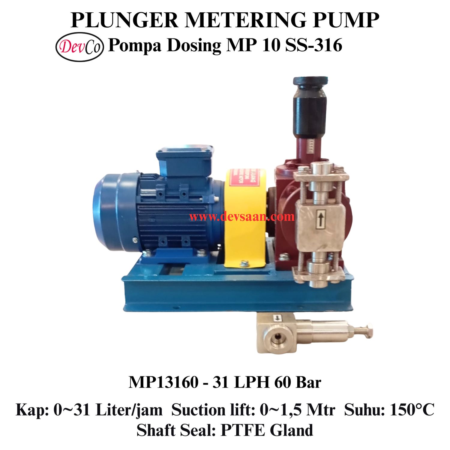 Pompa Dosing MP13160 SS-316 Plunger Metering Pump 31 LPH 60 Bar (Complete Set) 4pole