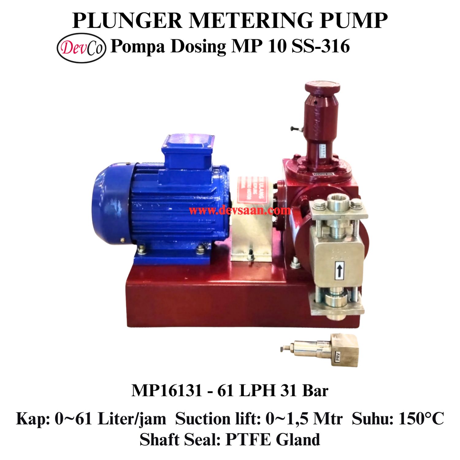 Pompa Dosing MP16131 SS-316 Plunger Metering Pump 61 LPH 31 Bar (Complete Set) 4pole