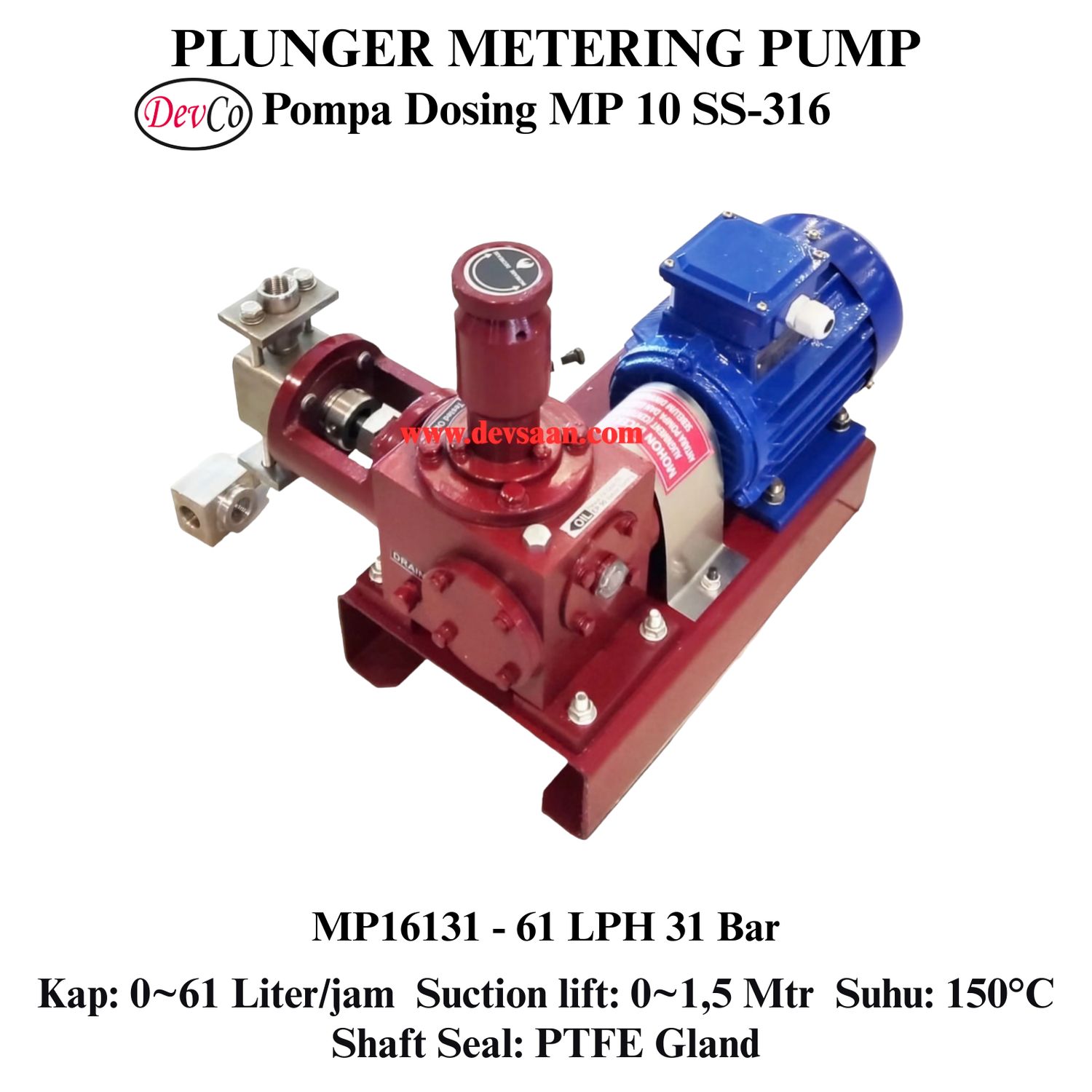 Pompa Dosing MP16131 SS-316 Plunger Metering Pump 61 LPH 31 Bar (Complete Set) 4pole
