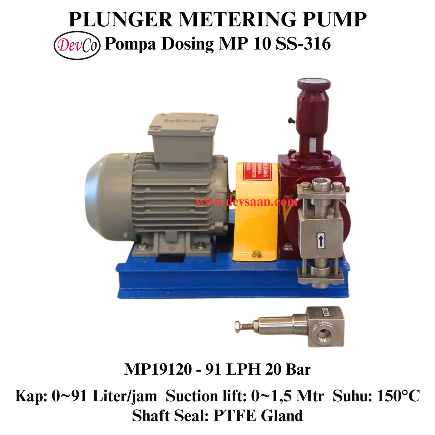 Pompa Dosing MP19120 SS-316 Plunger Metering Pump 91 LPH 20 Bar (Complete Set) 4pole