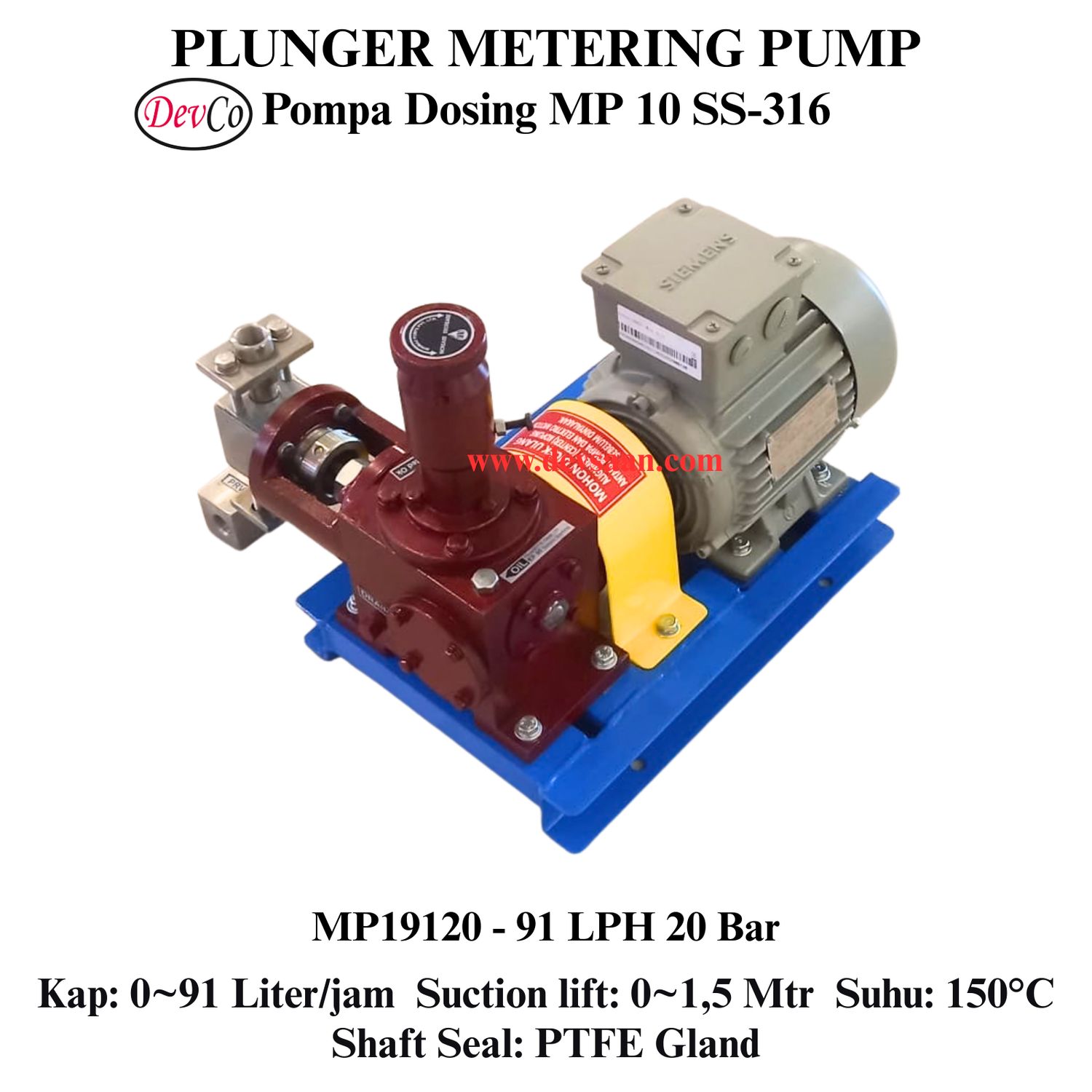 Pompa Dosing MP19120 SS-316 Plunger Metering Pump 91 LPH 20 Bar (Complete Set) 4pole