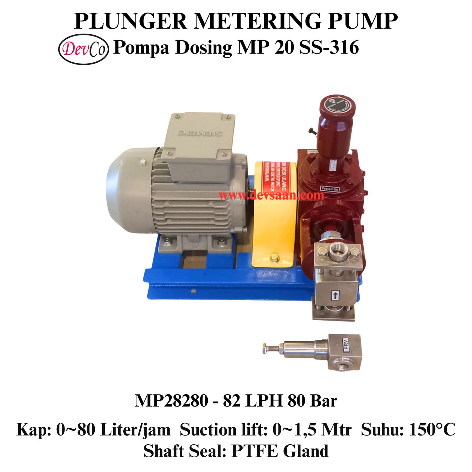 Pompa Dosing MP28280 SS-316 Plunger Metering Pump 82 LPH 80 Bar (Complete Set) 4pole