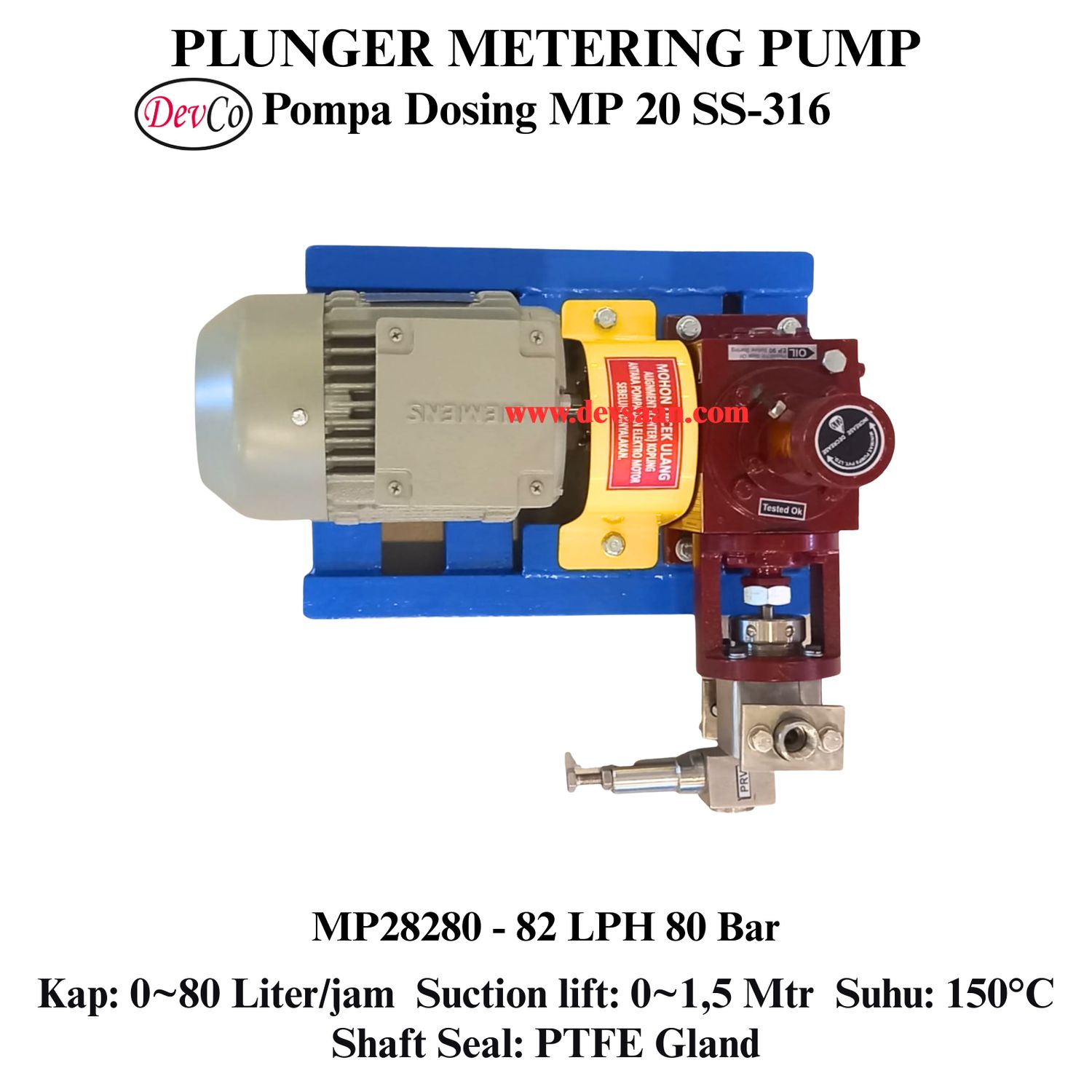 Pompa Dosing MP28280 SS-316 Plunger Metering Pump 82 LPH 80 Bar (Complete Set) 4pole