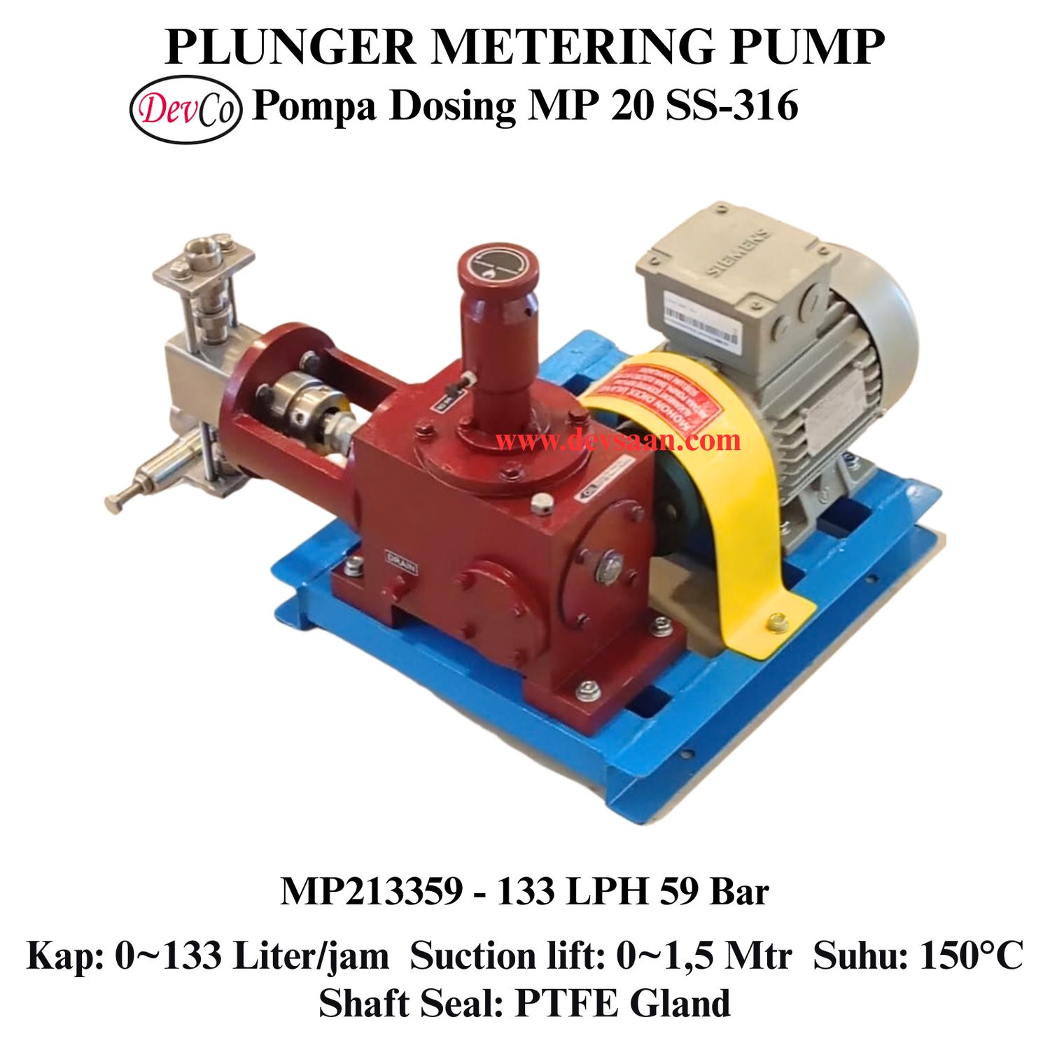 Pompa Dosing MP213359 SS-316 Plunger Metering Pump 133 LPH 59 Bar (Complete Set) 4pole