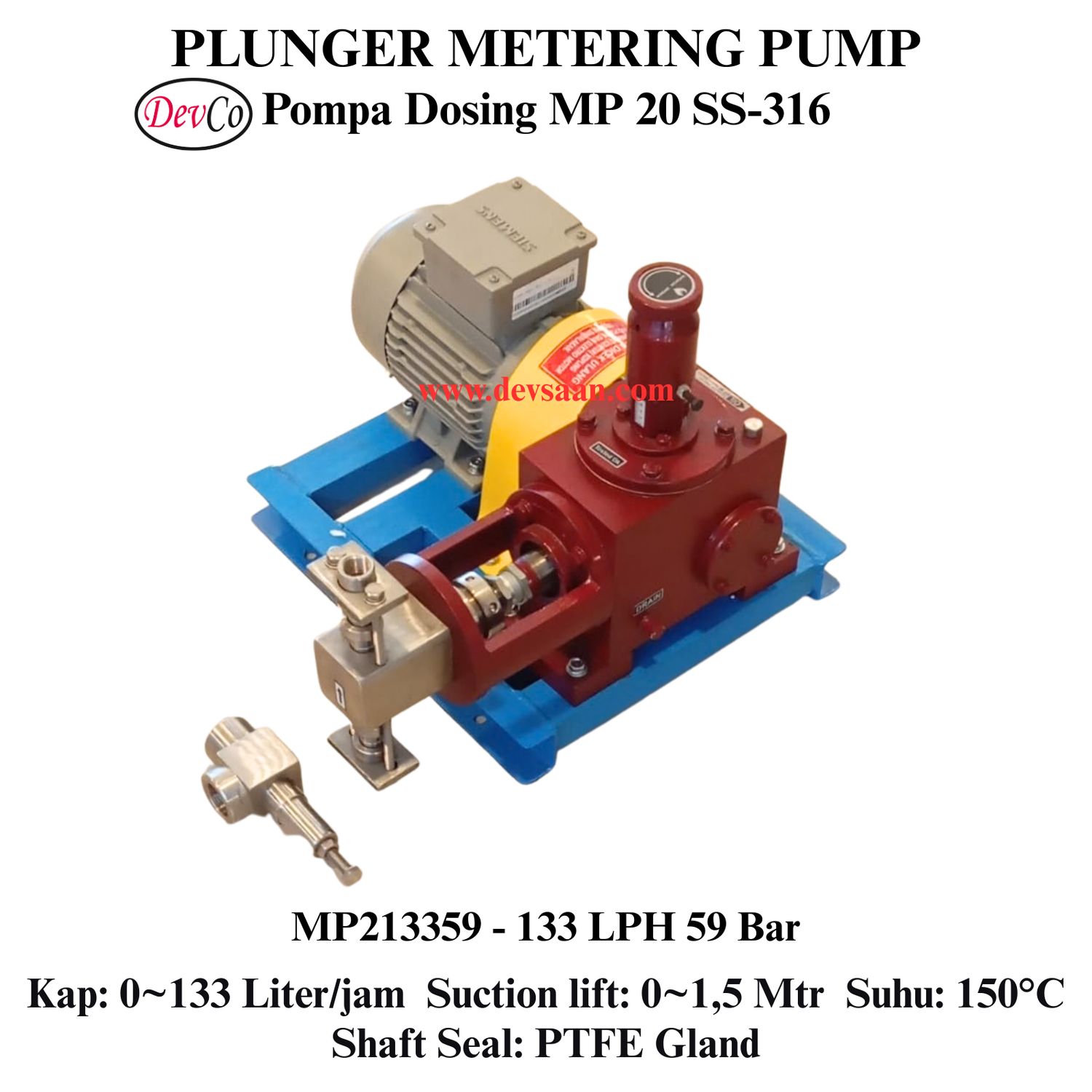 Pompa Dosing MP213359 SS-316 Plunger Metering Pump 133 LPH 59 Bar (Complete Set) 4pole