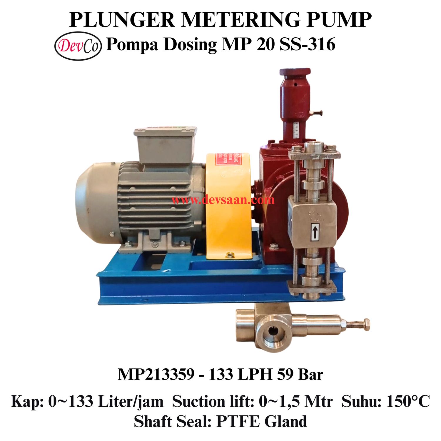 Pompa Dosing MP213359 SS-316 Plunger Metering Pump 133 LPH 59 Bar (Complete Set) 4pole