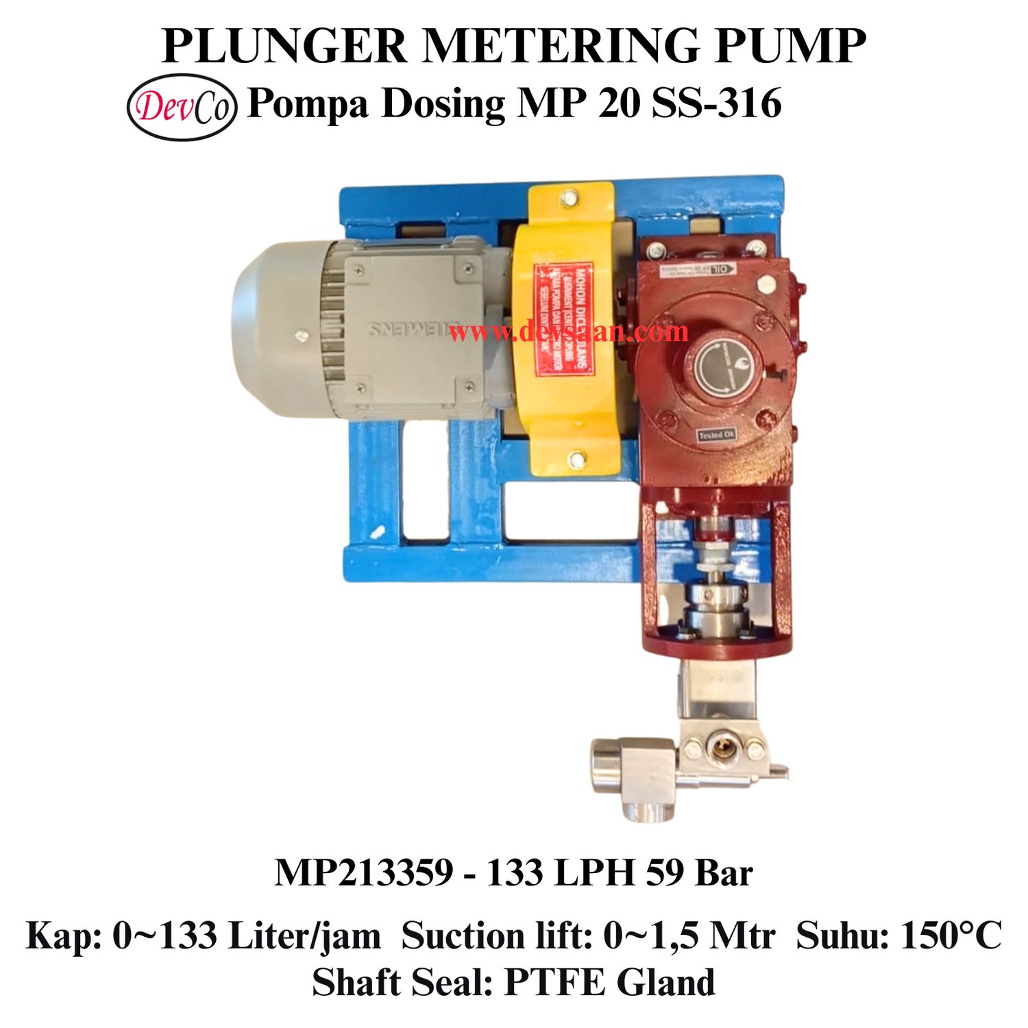 Pompa Dosing MP213359 SS-316 Plunger Metering Pump 133 LPH 59 Bar (Complete Set) 4pole