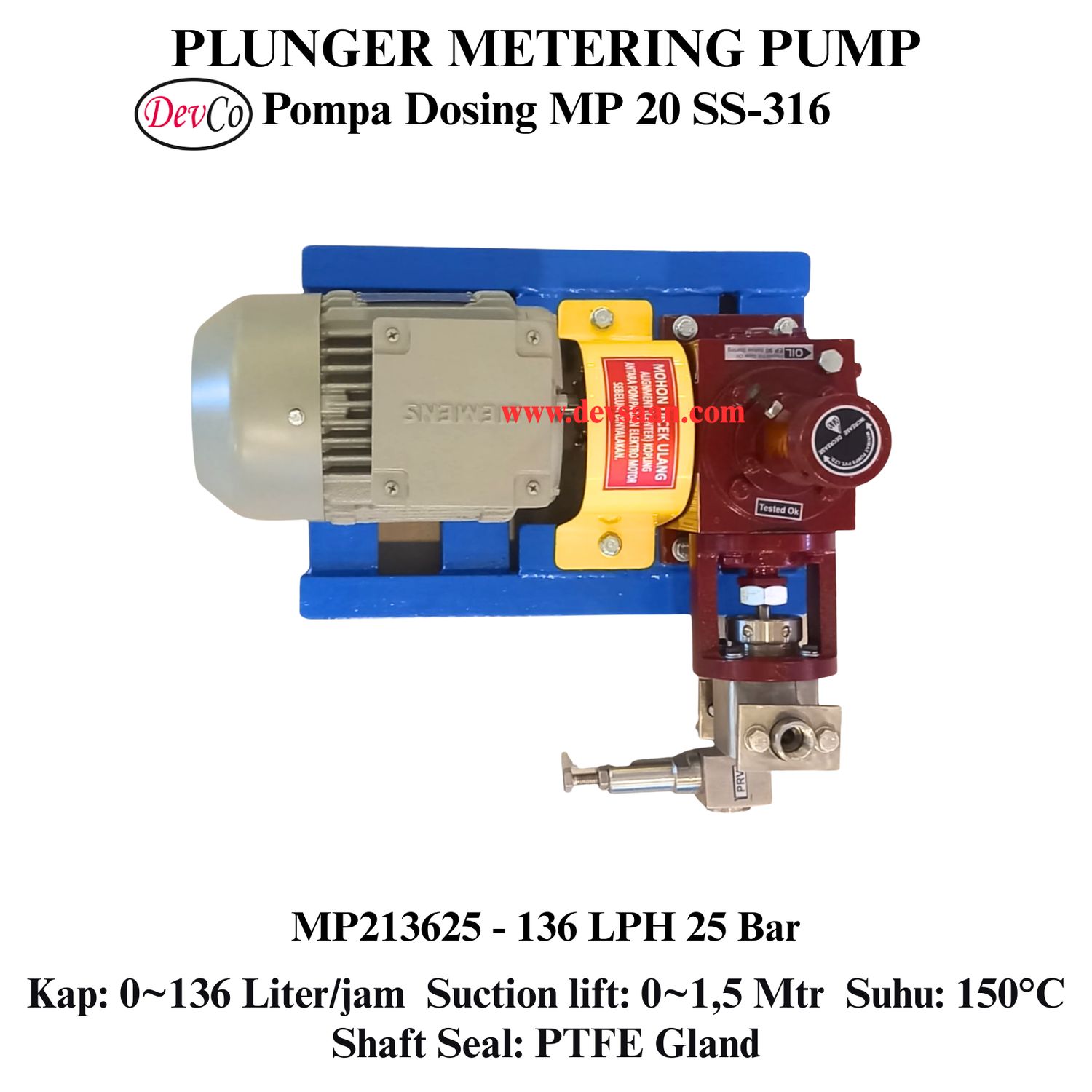Pompa Dosing MP213625 SS-316 Plunger Metering Pump 136 LPH 25 Bar (Complete Set) 4pole