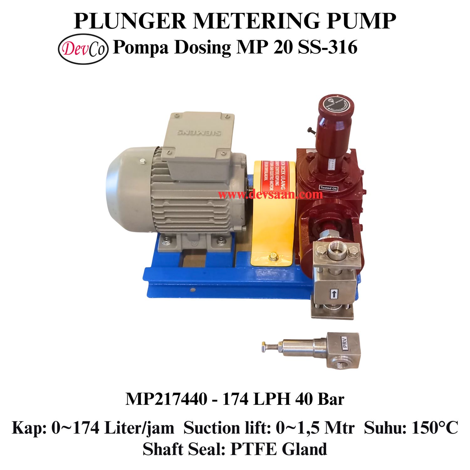 Pompa Dosing MP217440 SS-316 Plunger Metering Pump 174 LPH 40 Bar (Complete Set) 4pole