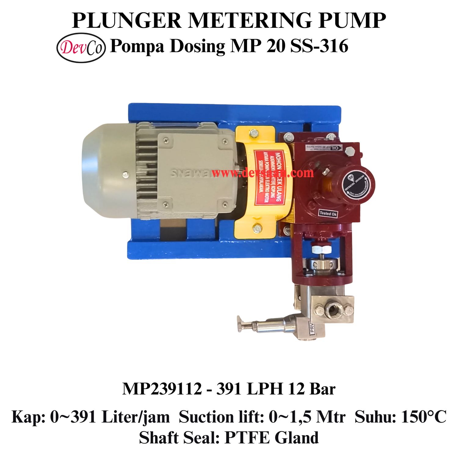 Pompa Dosing MP239112 SS-316 Plunger Metering Pump 391 LPH 12 Bar (Complete Set) 4pole