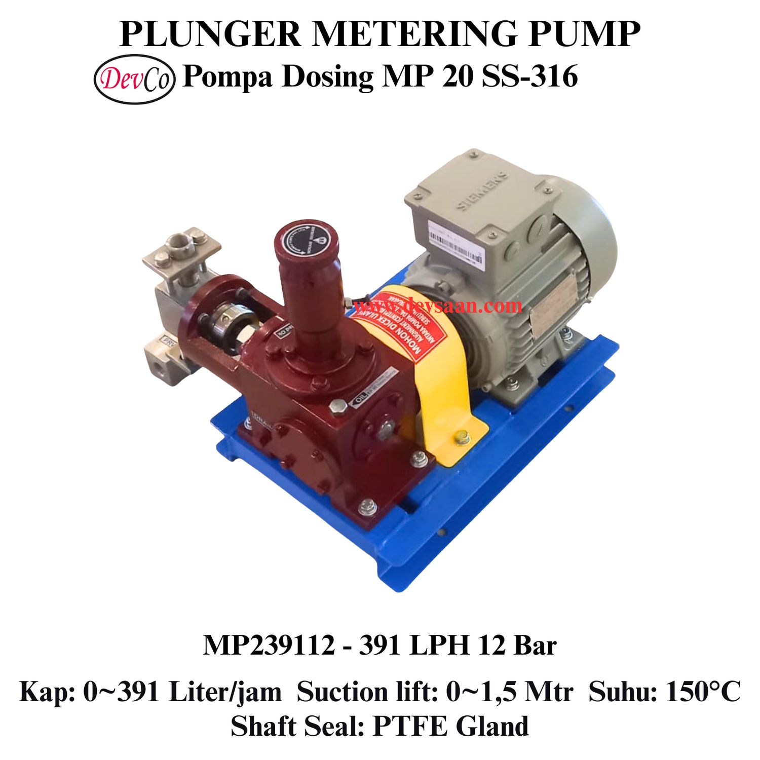 Pompa Dosing MP239112 SS-316 Plunger Metering Pump 391 LPH 12 Bar (Complete Set) 4pole