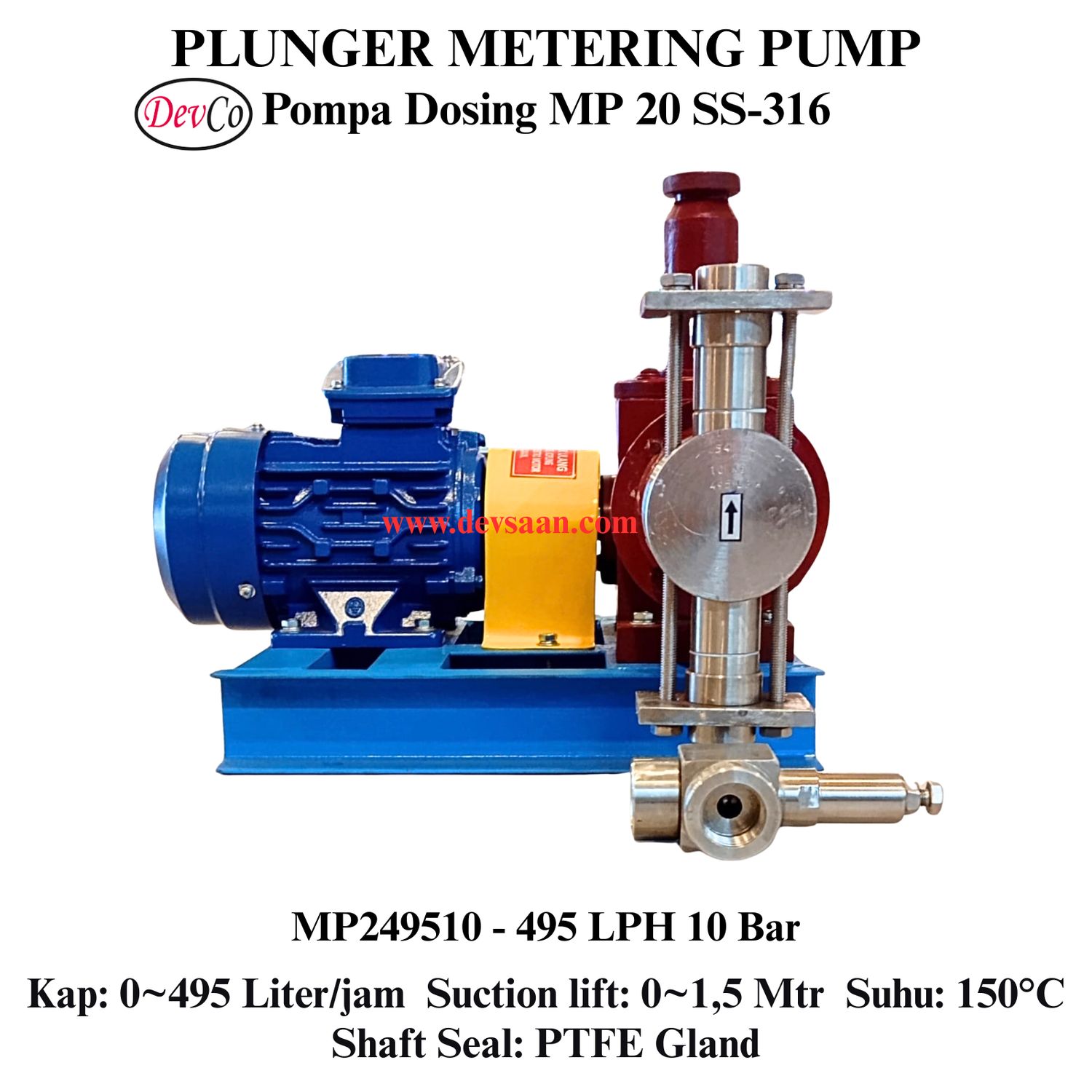 Pompa Dosing MP249510 SS-316 Plunger Metering Pump 495 LPH 10 Bar (Complete Set) 4pole