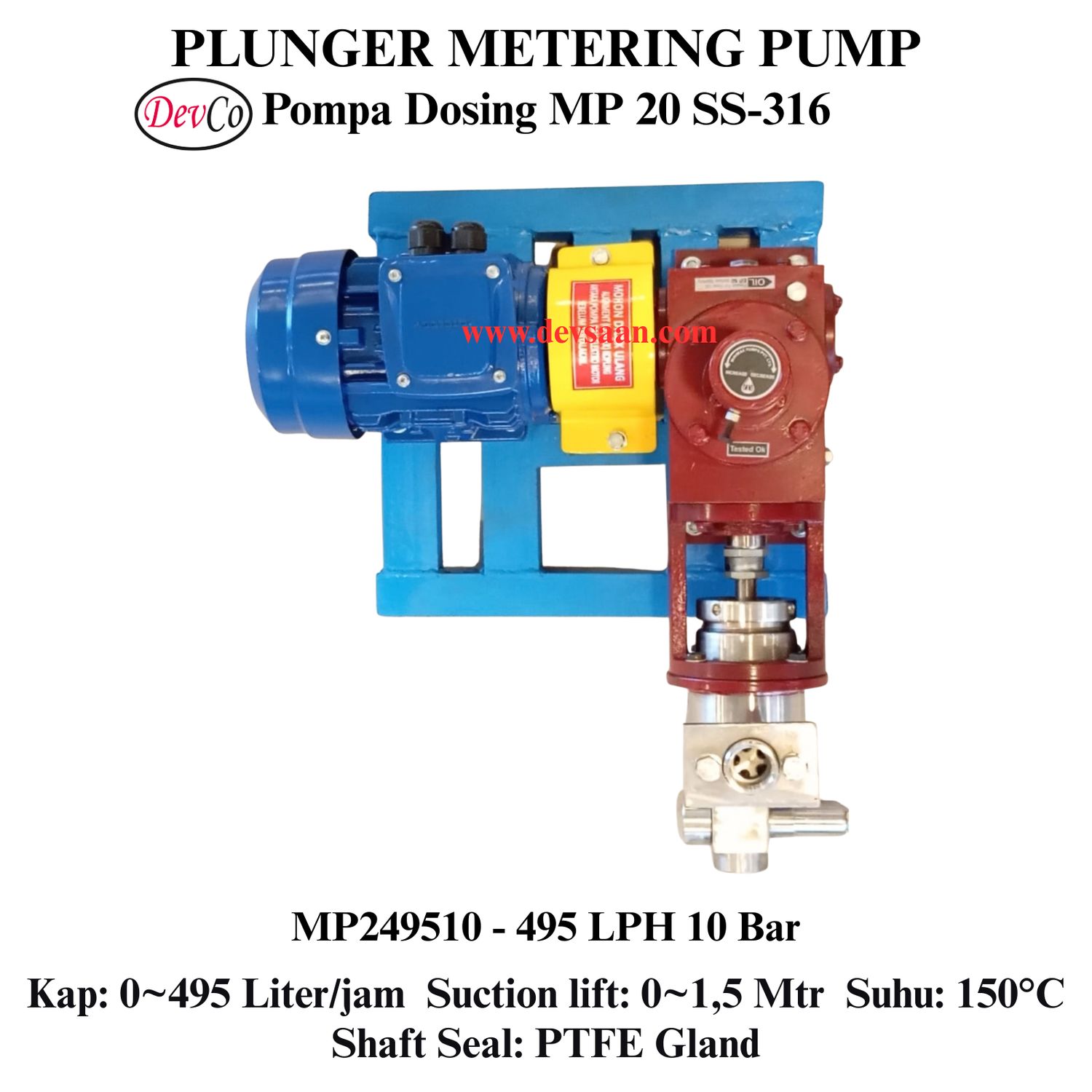 Pompa Dosing MP249510 SS-316 Plunger Metering Pump 495 LPH 10 Bar (Complete Set) 4pole