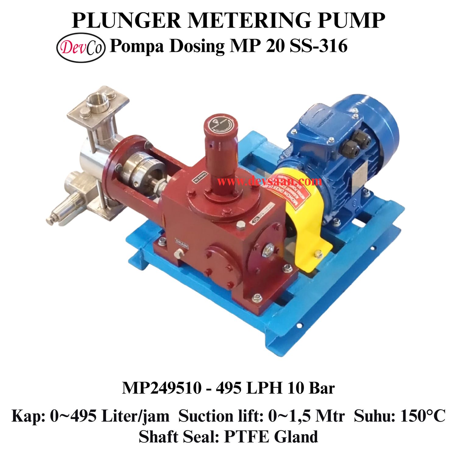 Pompa Dosing MP249510 SS-316 Plunger Metering Pump 495 LPH 10 Bar (Complete Set) 4pole