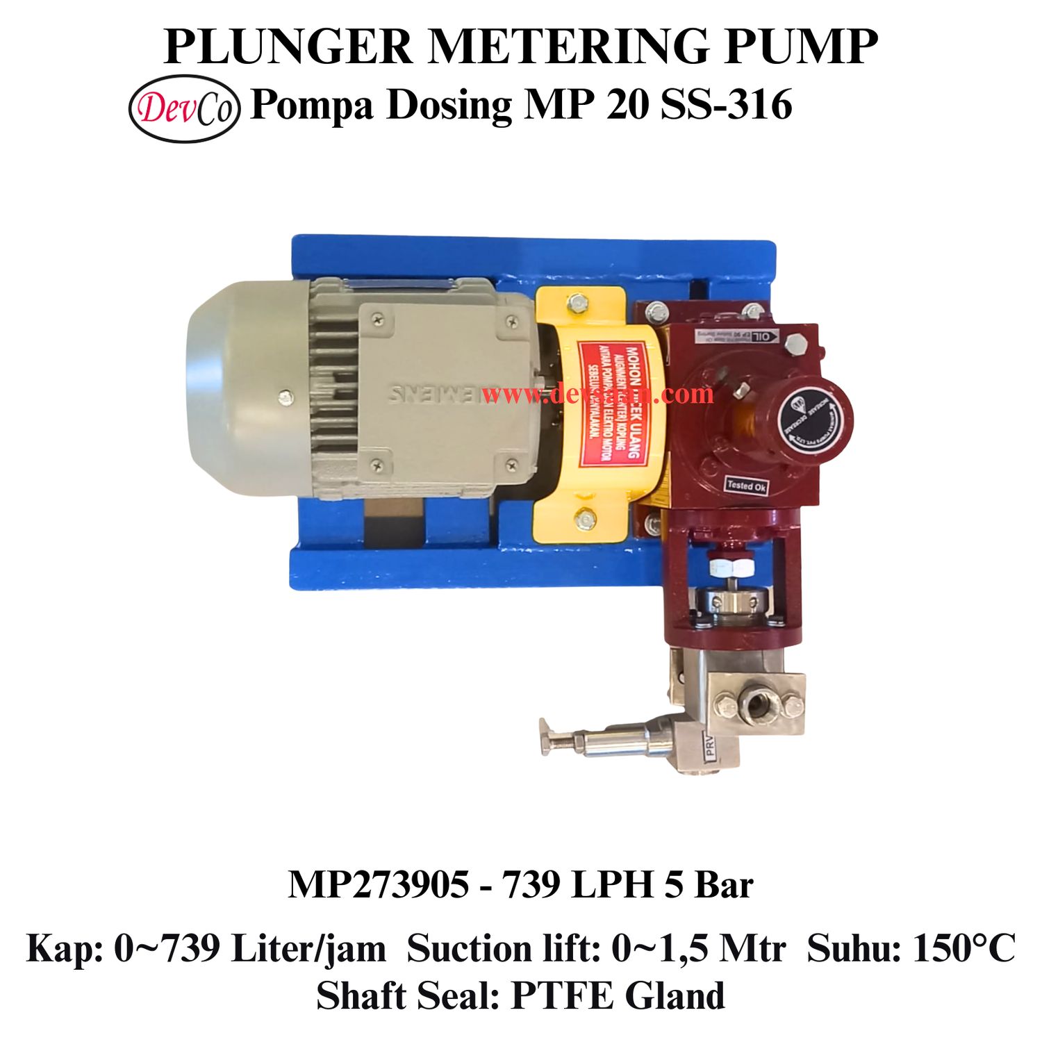Pompa Dosing MP273905 SS-316 Plunger Metering Pump 739 LPH 5 Bar (Complete Set) 4pole