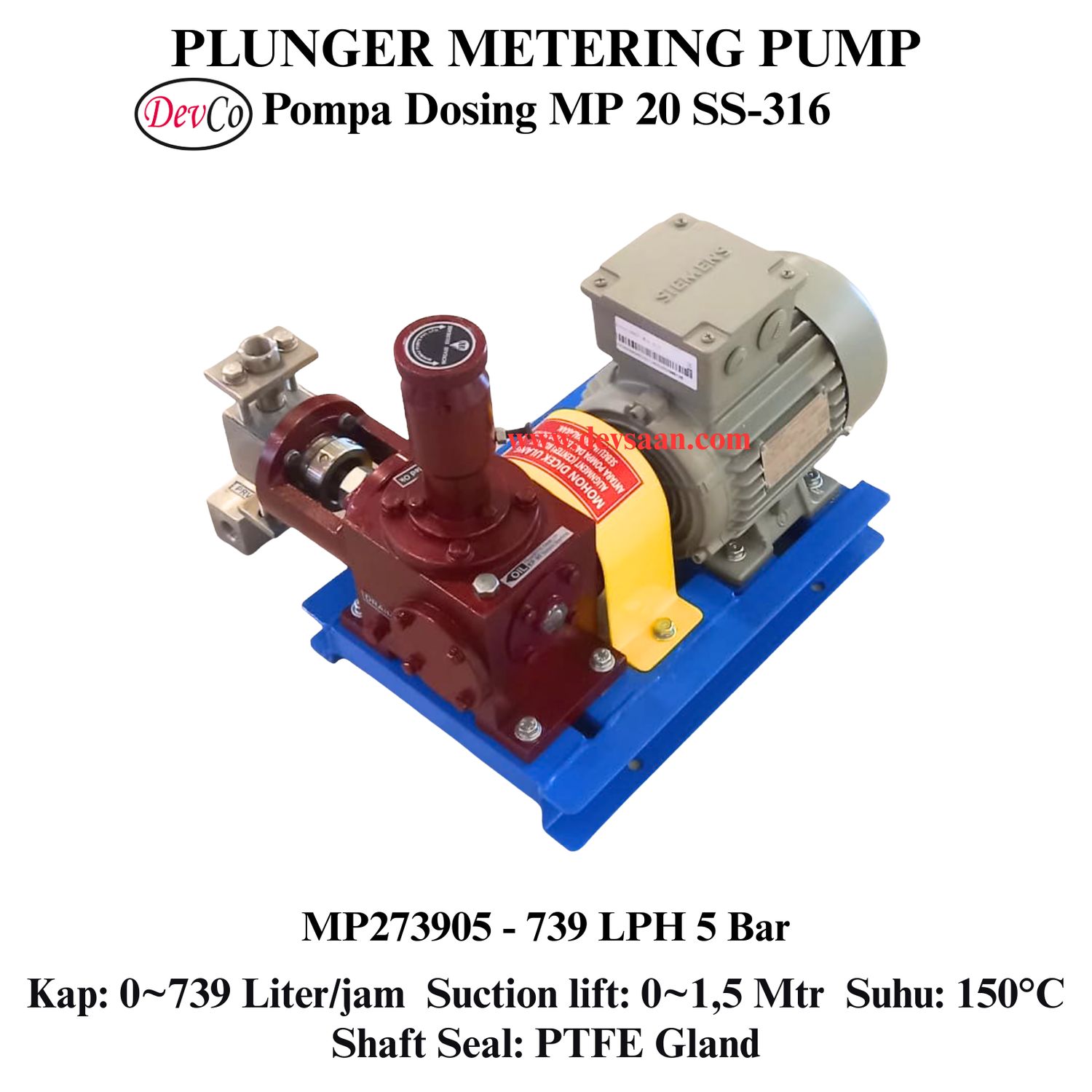 Pompa Dosing MP273905 SS-316 Plunger Metering Pump 739 LPH 5 Bar (Complete Set) 4pole