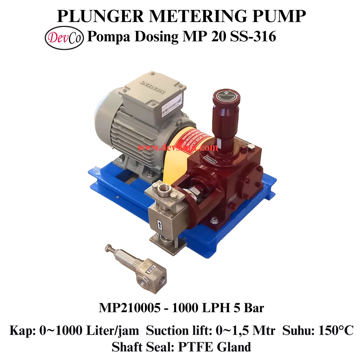 Pompa Dosing MP210005 SS-316 Plunger Metering Pump 1000 LPH 5 Bar (Complete Set) 4pole