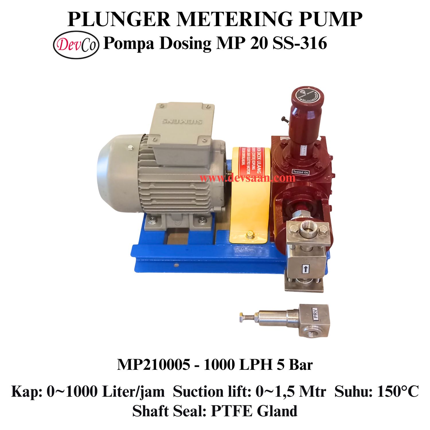 Pompa Dosing MP210005 SS-316 Plunger Metering Pump 1000 LPH 5 Bar (Complete Set) 4pole