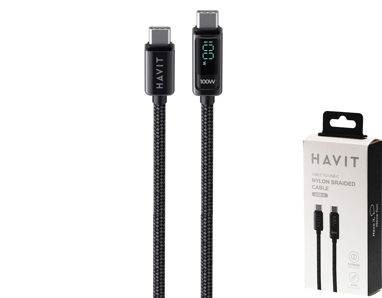 Havit CB6247 USB C uz USB C pītais kabelis ar displeju Havit CB6247 USB C uz USB C pītais kabelis ar displeju