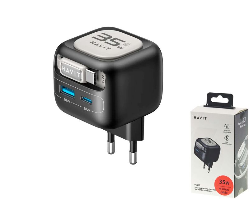 Havit UC251 super ātrais tīkla lādētājs ar izvelkamu USB-C kabeli Havit UC251 super ātrais tīkla lādētājs ar izvelkamu USB-C kabeli