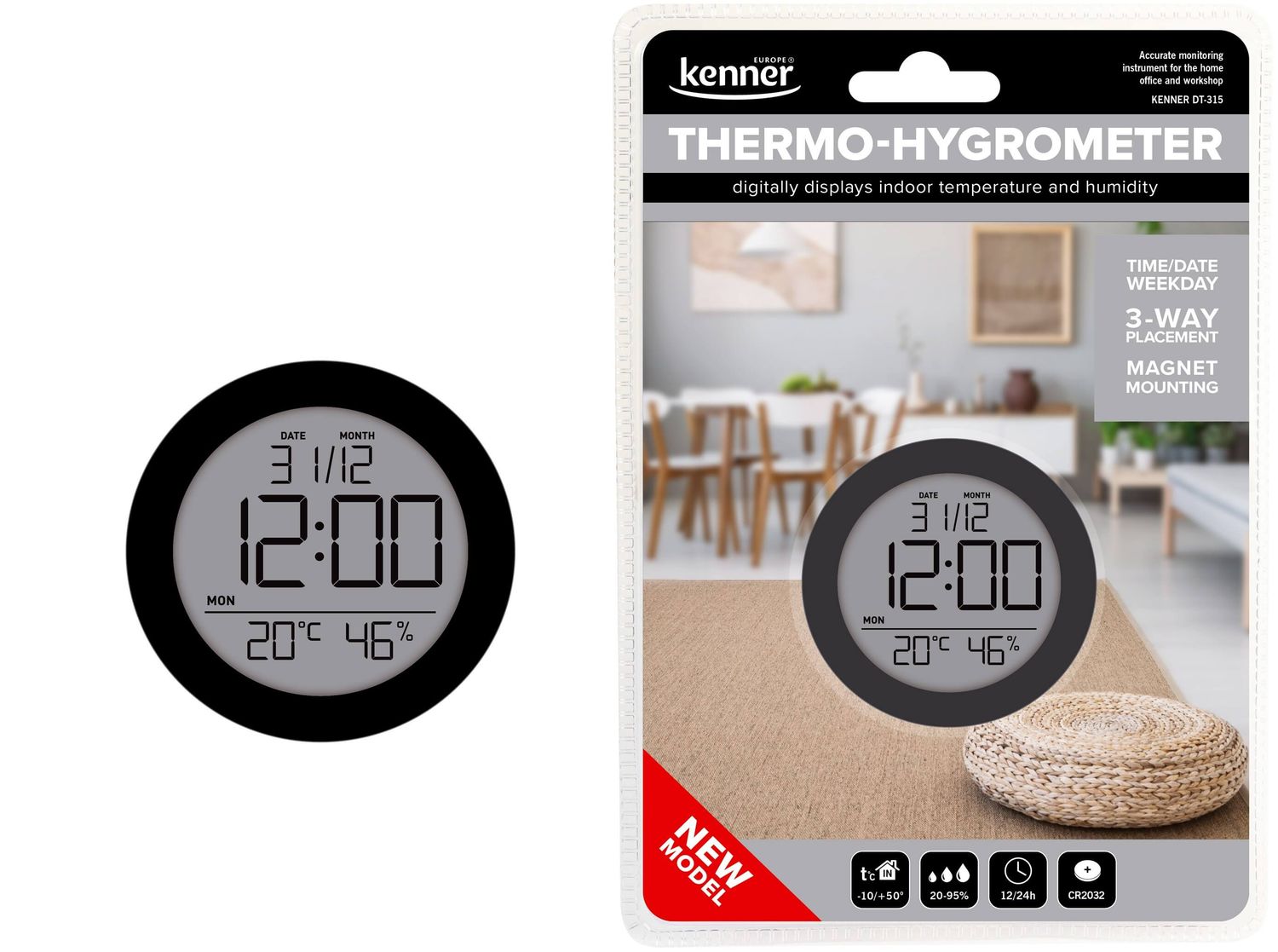 KENNER DT-315 iekštelpu termometrs ar higrometru un pulksteni
