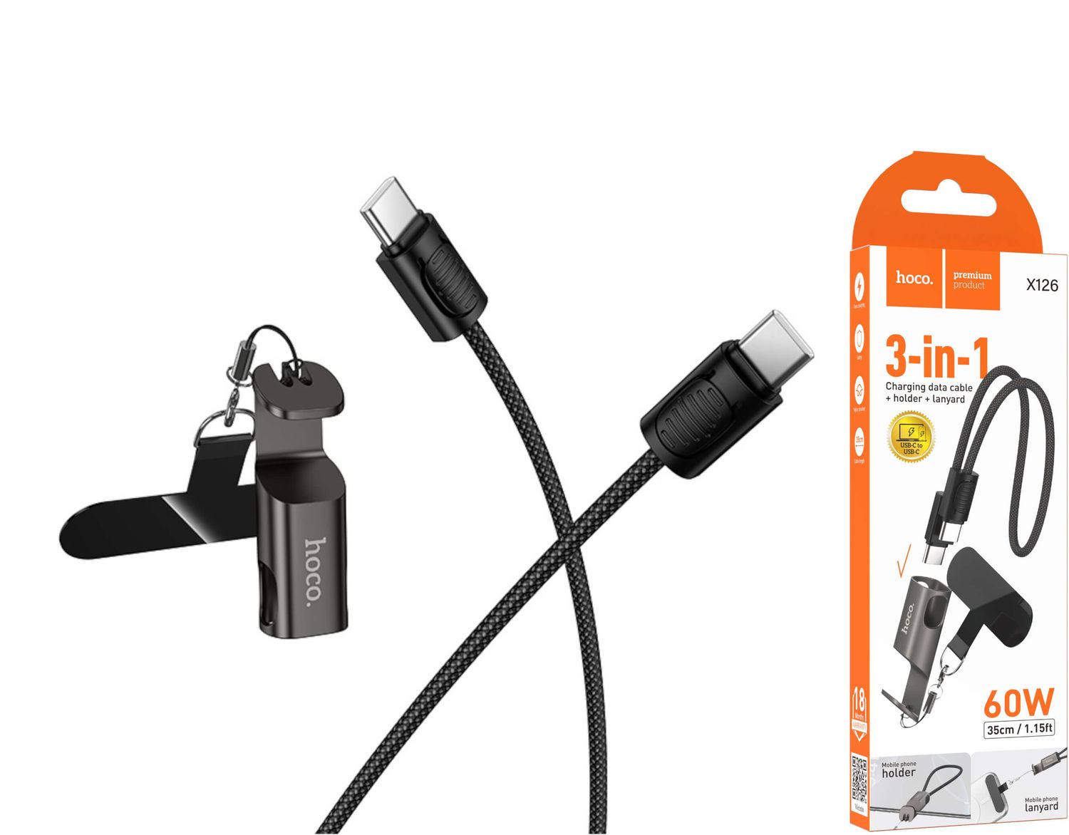 Hoco X126 USB-C uz USB-C pītais kabelis ar turētāju