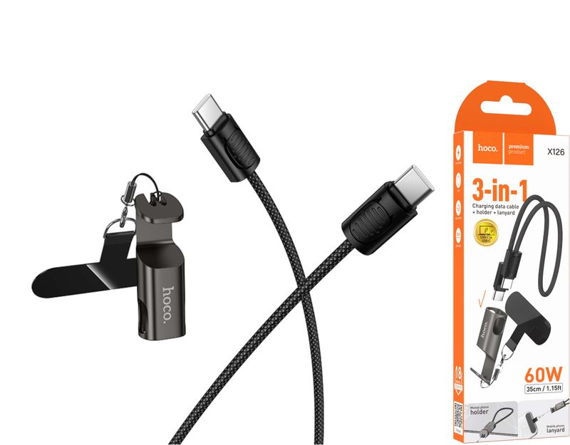 Hoco X126 USB-C uz USB-C pītais kabelis ar turētāju