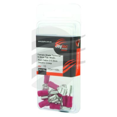 TE4116bl - PKT 10 FEMALE BLADE TERMINAL 6.3mm INSUL PVC COPPER SLEEVE
