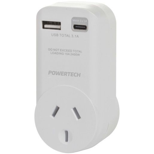 MS4004 ADPT MAINS AUS PLG-SKT W/1XUSB-A+1XUSB-C