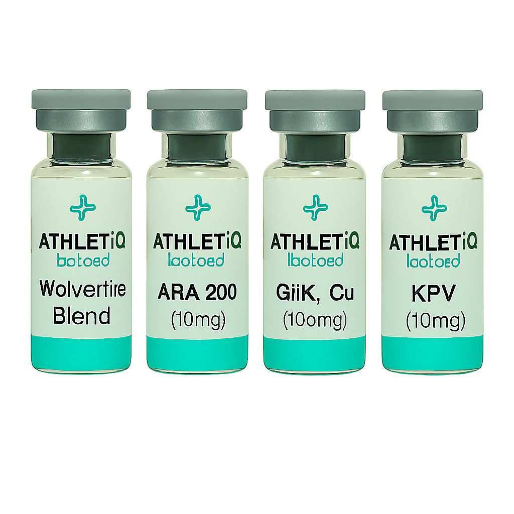 Athletiq Biologic Recovery Research Bundle with multiple sterile peptide vials labeled for research use only