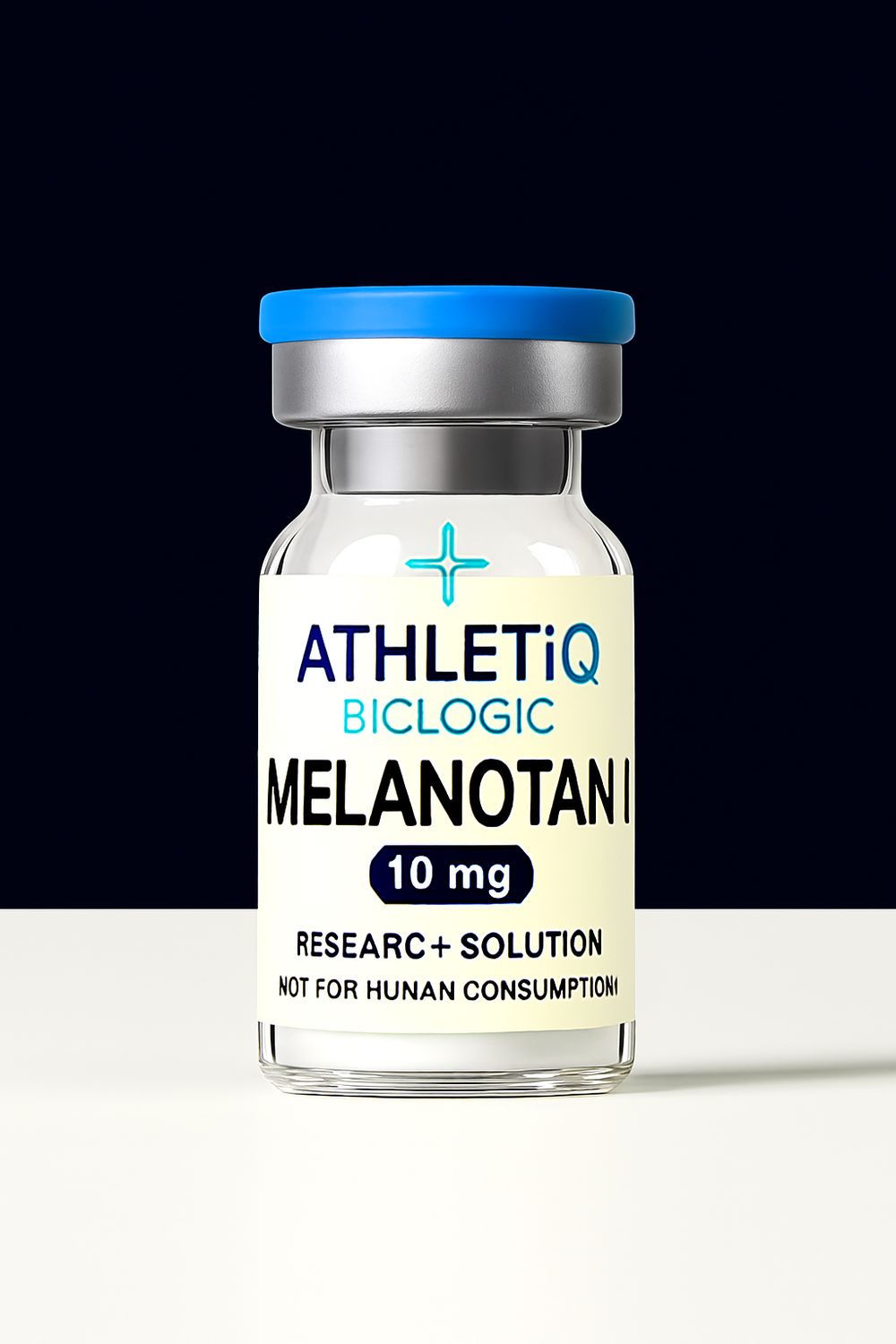 Athletiq Biologic vial of Melanotan II 10mg, sterile lyophilized peptide labeled for research use only