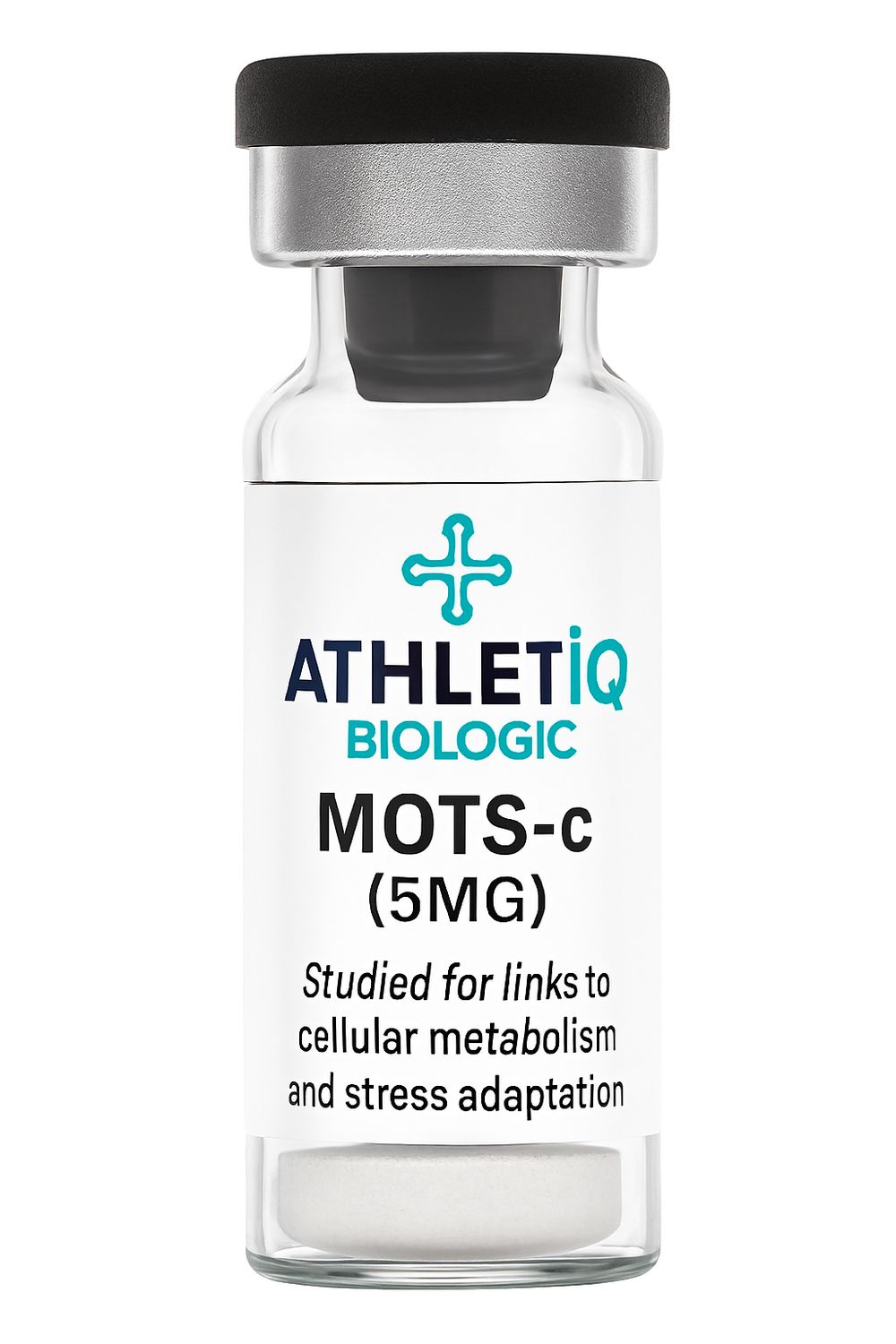 Athletiq Biologic vial of MOTS-c 10mg, sterile lyophilized peptide labeled for research use only
