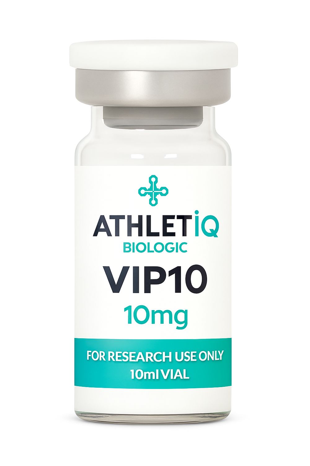 Athletiq Biologic vial of VIP-10 Vasoactive Intestinal Peptide 10mg, sterile lyophilized peptide labeled for research use onl