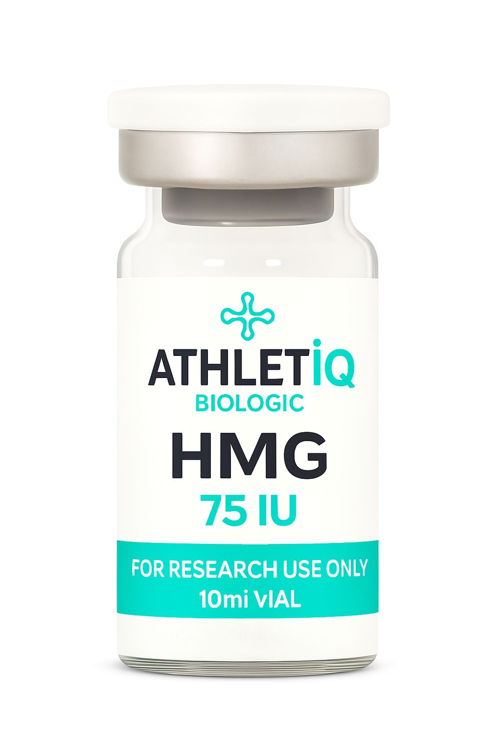 Athletiq Biologic vial of HMG 75 IU, sterile lyophilized peptide labeled for research use only