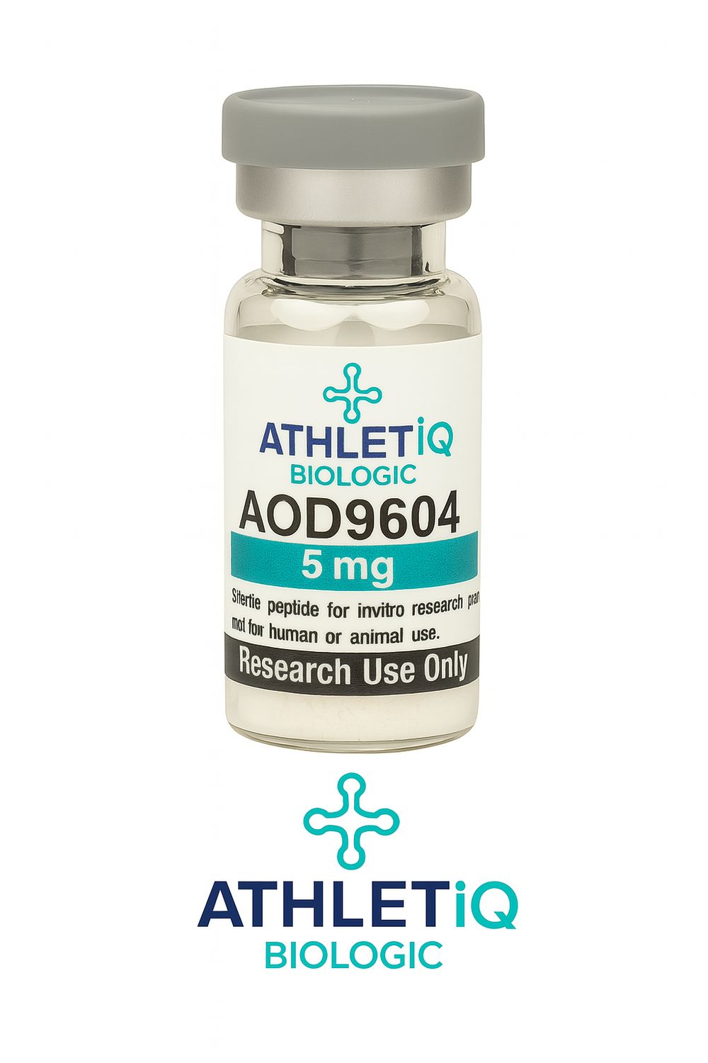 Athletiq Biologic vial of AOD-9604 5mg, sterile lyophilized peptide labeled for research use only