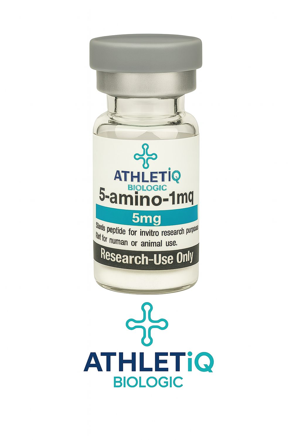 Athletiq Biologic vial of 5-Amino-1MQ 5mg, sterile lyophilized peptide labeled for research use only