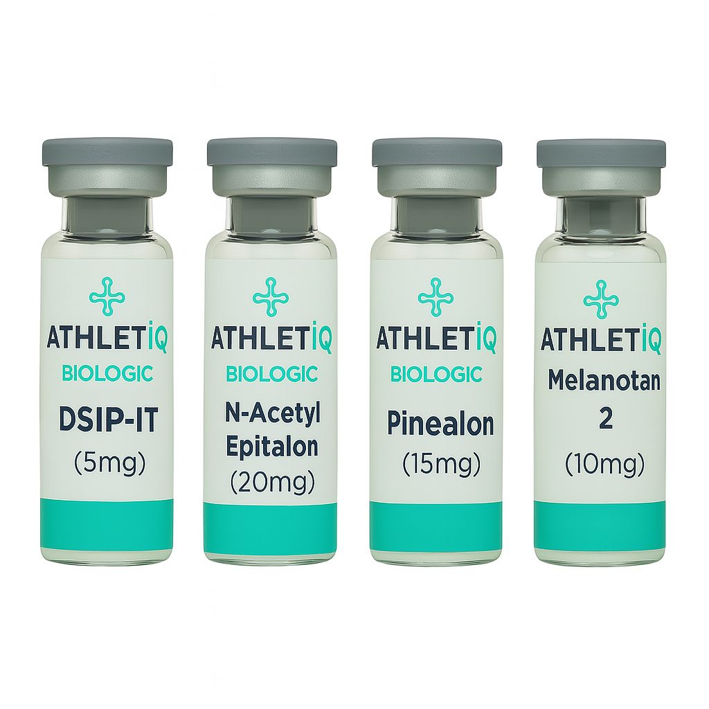 Four ATHLETIQ Biologic vials: DSIP‑IT 5mg, N‑Acetyl Epitalon 20mg, Pinealon 15mg, and Melanotan II 10mg for research use.