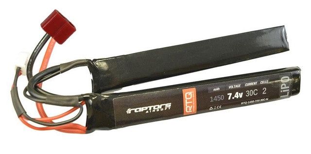Raptors Airsoft RTQ 7.4v 1450 mAh 30C Nunchuck LiPO Battery, Deans / T Plug