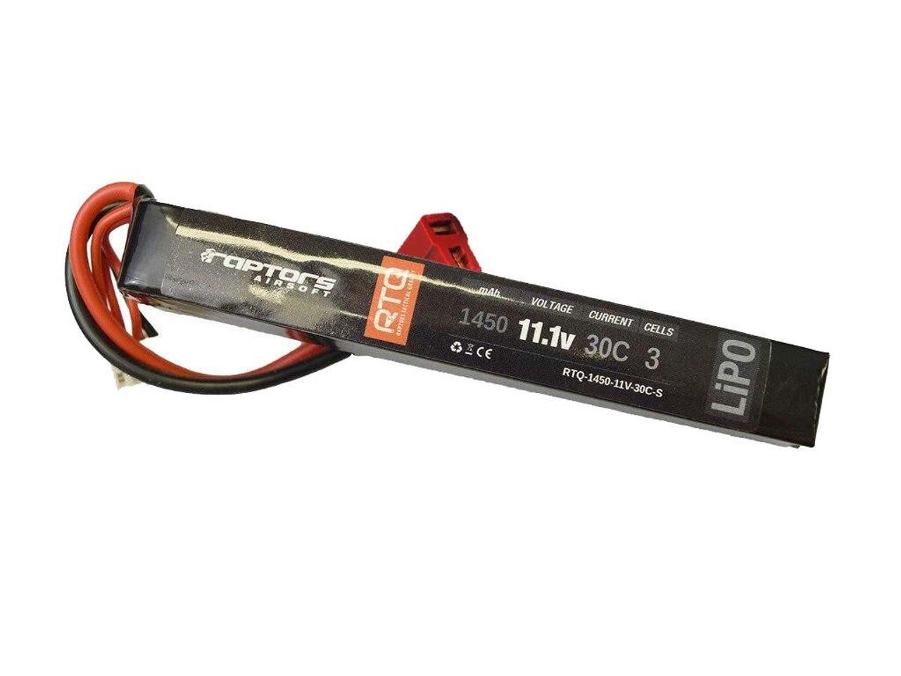 Raptors Airsoft RTQ 11.1V 1450 mAh 30C Stick LiPO Battery, Deans / T-Plug