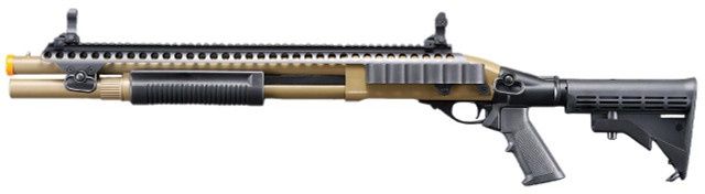 Golden Eagle M8874 3/6-Shot Pump Action Gas Airsoft Shotgun w/ Flip Up Sights, Picatinny Rail &amp; M4 Crane Stock, Tan