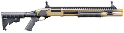Golden Eagle M8874 3/6-Shot Pump Action Gas Airsoft Shotgun w/ Flip Up Sights, Picatinny Rail &amp; M4 Crane Stock, Tan