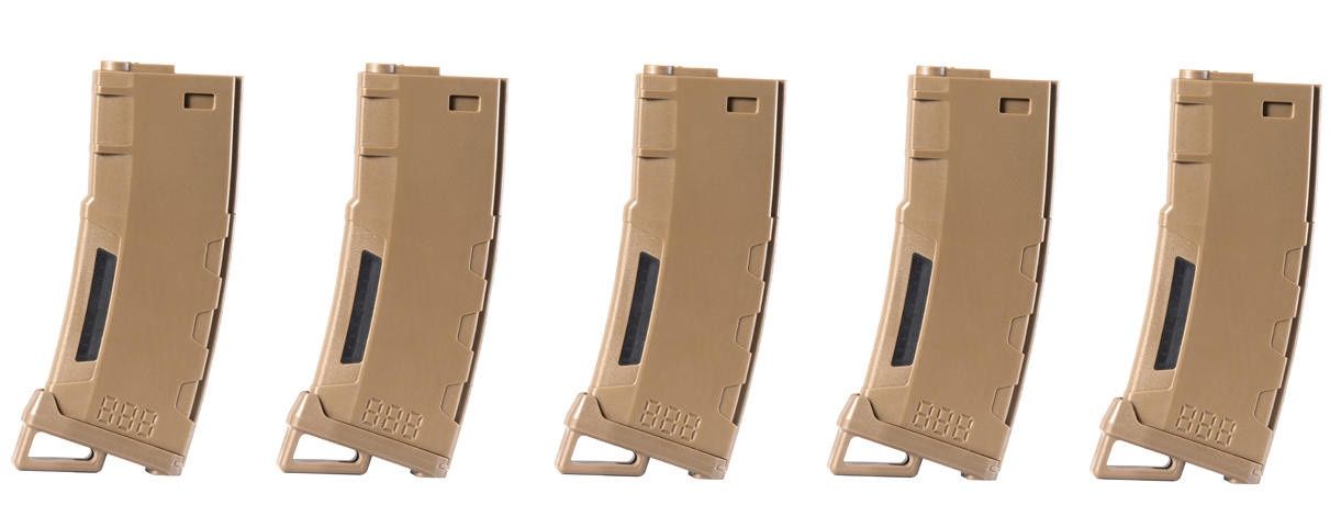 Lancer Tactical 130 Round High Speed Mid-Cap M4 Airsoft Magazine, Tan, 5 Pack