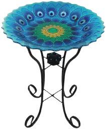 Peacock Glass Birdbath with Solar