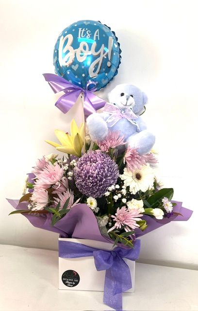 Baby Boy Flowers with a Balloon & Teddy