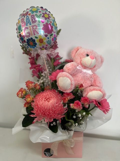 Baby Girl Flowers , Balloon & Teddy Baby Girl Flowers , Balloon & Teddy