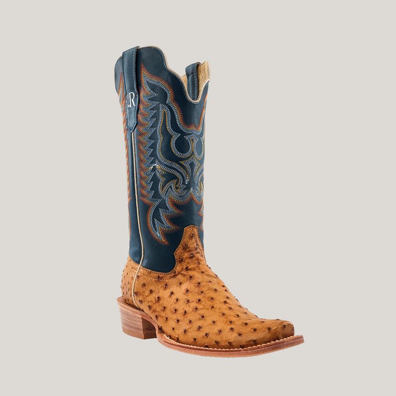 Men's Antique Saddle Full Quill Ostrich and Royal Blue Goat Boot