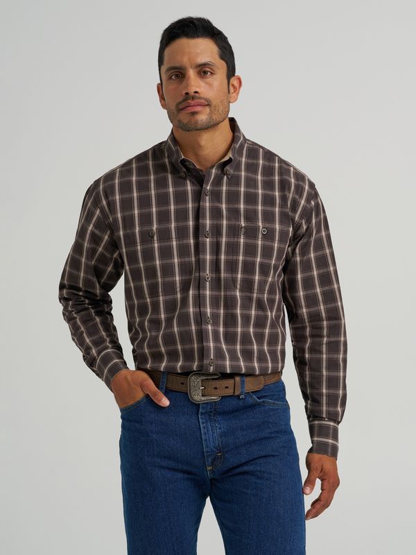 Brown Plaid Long Sleeve Shirt - Wrangler Men's